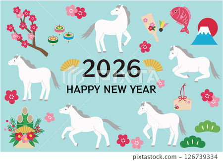 New Year's card template for the Year of the Horse 2026. Hakuba, cute, lucky charm, vector, horse 126739334