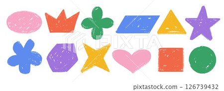 Colorful hand drawn crayon shape set. Bright charcoal doodle collection. Pastel pencil texture form pack for sticker, patch, badge, label. Childish sketch star, flower, hexagon, heart elements. Vector 126739432