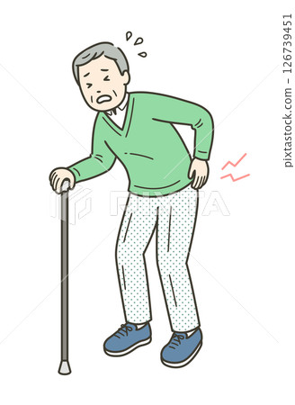 一名老人因背痛將手放在下背部的插圖 126739451
