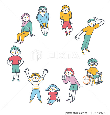 不同年齡、不同年級的小學生圍成一圈 庫存插圖素材 126739782