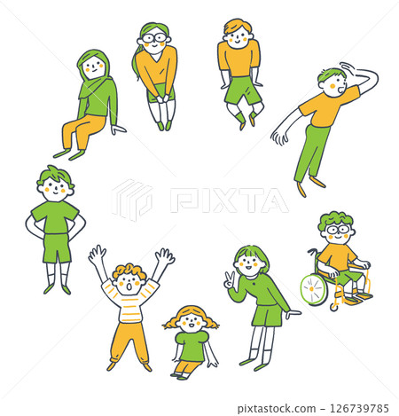 不同年齡、不同年級的小學生圍成一圈 庫存插圖素材 126739785