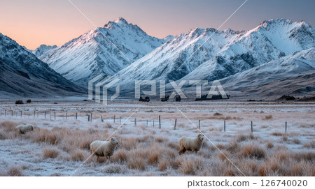 Snow covered mountains and frosty field with sheep grazing create serene winter landscape 126740020