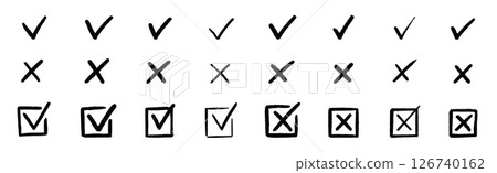 Check tick mark icon set. Cross box x check mark checkbox v list vector draw hand drawn sketch doodle brush marker checklist symbol wrong right circle. Vector Check tick mark icon set. Cross box x check mark checkbox v list vector draw hand drawn sketch doodle brush marker checklist symbol wrong right circle. Vector 126740162