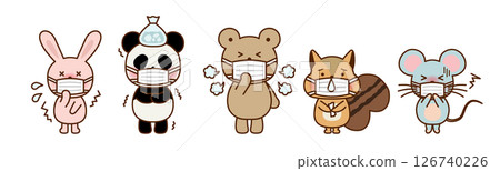 生病的動物角色戴著口罩的插圖(感冒、感染控制、兒童照顧材料) 生病的動物角色戴著口罩的插圖(感冒、感染控制、兒童照顧材料) 126740226