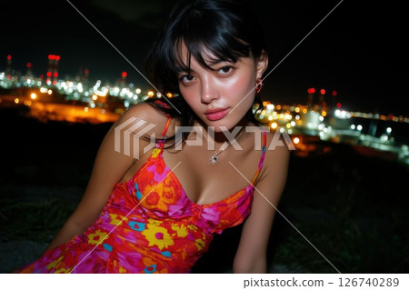 A young woman in a camisole dress standing with the factory night view in the background 126740289
