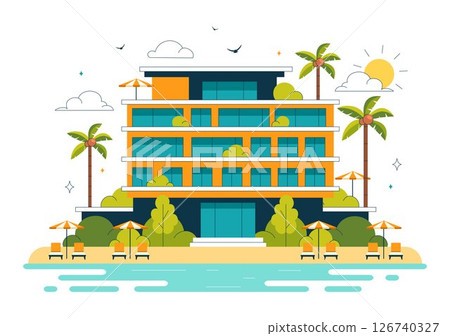 Beach Resort Vector Illustration Featuring Beautiful Tropical Island Scenery with a Villa Hotel, Stunning Seaside Landscape, and Lush Green Palm Trees 126740327