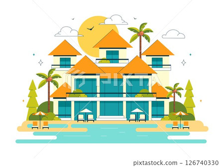 Beach Resort Vector Illustration Featuring Beautiful Tropical Island Scenery with a Villa Hotel, Stunning Seaside Landscape, and Lush Green Palm Trees Beach Resort Vector Illustration Featuring Beautiful Tropical Island Scenery with a Villa Hotel, Stunning Seaside Landscape, and Lush Green Palm Trees 126740330
