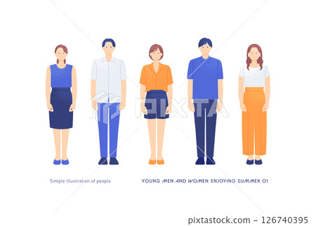 Group of five young men and women in summer attire, front view, full body vector illustration Group of five young men and women in summer attire, front view, full body vector illustration 126740395