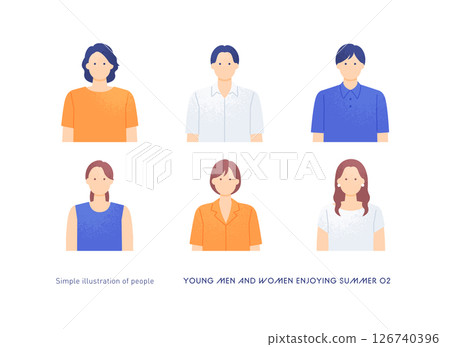 Illustration of five young men and women in upper body Summer outfit character icon Vector material 126740396