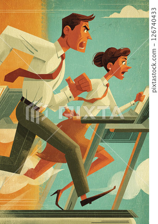 Businessman businesswoman running office competition treadmill urgency stress Businessman businesswoman running office competition treadmill urgency stress 126740433