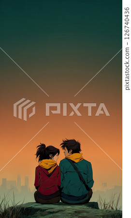 Couple sitting together outdoors at sunset, warm clothing, peaceful mood, city skyline 126740436