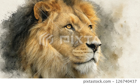 Lion watercolor portrait mane windswept majestic animal wild nature art painting feline predator 126740437