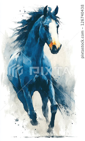Blue horse watercolor illustration, rearing up, dynamic, artistic, expressive, white background 126740438
