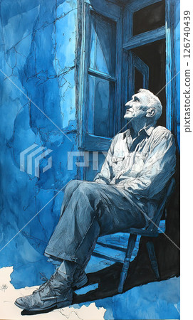 Solitary man sitting on chair by blue wall, sunlight on face, peaceful, contemplative mood 126740439