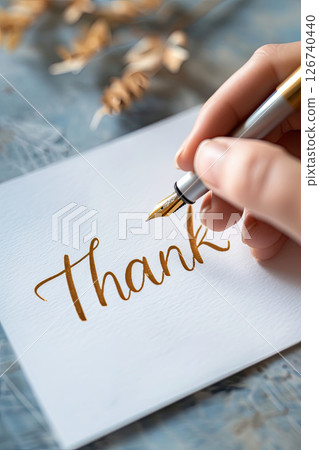 Hand holding pen writing thank you card, closeup, elegant, gold ink, gratitude, calligraphy 126740440