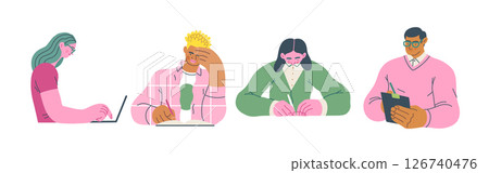 Writing people, modern flat vector concept illustrations set people writing on paper or device. Metaphor for reflection, insight, contemplation, creative expression Writing people, modern flat vector concept illustrations set people writing on paper or device. Metaphor for reflection, insight, contemplation, creative expression 126740476