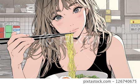 年輕女子吃拉麵 年輕女子吃拉麵 126740675