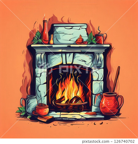 an AI Image Generator, Cozy Illustration of a Fireplace With Glowing Flames an AI Image Generator, Cozy Illustration of a Fireplace With Glowing Flames 126740702