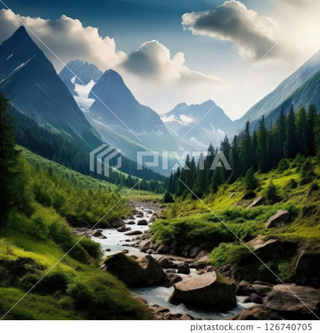 an AI Image Generator, Scenic Alpine Landscape with Majestic an AI Image Generator, Scenic Alpine Landscape with Majestic 126740705