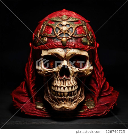 an AI Image Generator, Ornate Skull With Red Hood Depicting Darkness 126740725