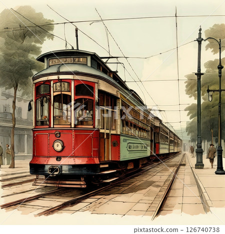 an AI Image Generator, Historic Streetcars on a Bustling City Street 126740738