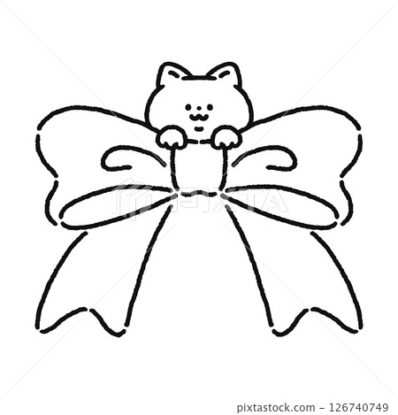 A cute cat peeking out from a ribbon - Line drawing A cute cat peeking out from a ribbon - Line drawing 126740749