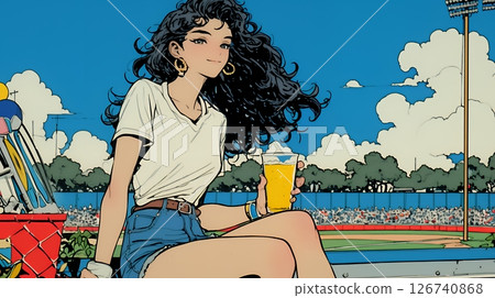 Young woman enjoying a beer while watching baseball or other outdoor sports. 126740868
