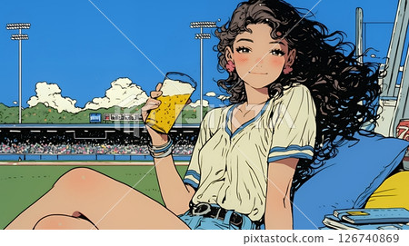 Young woman enjoying a beer while watching baseball or other outdoor sports. 126740869
