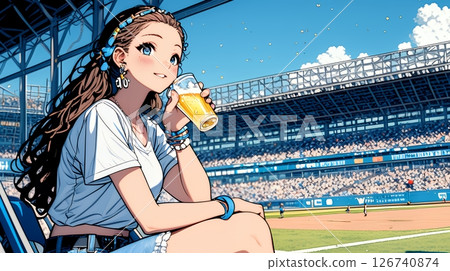 Young woman enjoying a beer while watching baseball or other outdoor sports. 126740874