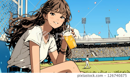 Young woman enjoying a beer while watching baseball or other outdoor sports. Young woman enjoying a beer while watching baseball or other outdoor sports. 126740875