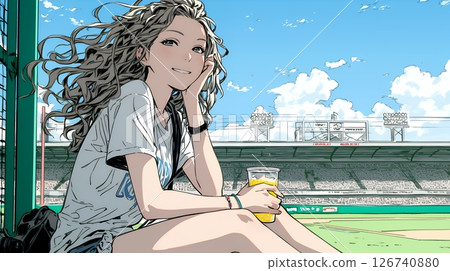 年輕女子一邊喝啤酒一邊觀看棒球或其他戶外運動。 年輕女子一邊喝啤酒一邊觀看棒球或其他戶外運動。 126740880