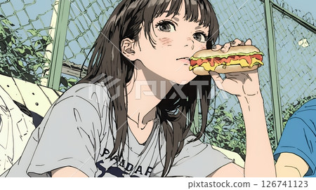 一名年輕女子一邊吃熱狗一邊觀看棒球或其他戶外運動。 126741123