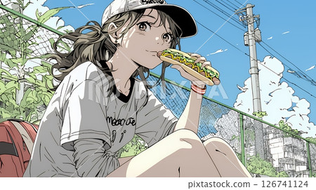 A young woman munches on a hot dog while watching baseball or other outdoor sports. 126741124