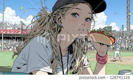 A young woman munches on a hot dog while watching baseball or other outdoor sports. 126741126