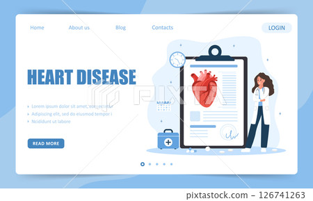 Heart disease. Landing page template. Female doctor. Health care and treatment concept. Vector illustration in flat cartoon style 126741263