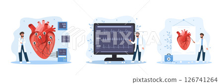 Cardiology concept. Male doctor check ECG, EKG, cardiogram and electrocardiogram. Health heart check up and cardiovascular pressure. Set of Vector illustrations in flat cartoon style 126741264