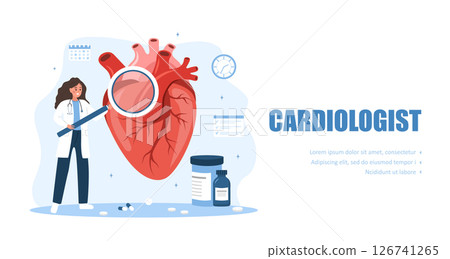 Cardiologist concept. Heart health. Female doctor with large magnifier examines internal organs. Vector illustration in flat cartoon style 126741265
