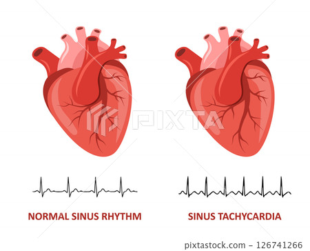 Heart diseases. Normal sinus rhythm and Sinus Tachycardia. Medical check up. Vector illustration in flat cartoon style Heart diseases. Normal sinus rhythm and Sinus Tachycardia. Medical check up. Vector illustration in flat cartoon style 126741266