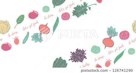 Seamless mixed vegetable in hand-drawn doodle illustration style with wording, fresh, strong, and healthy, pastel colorful on a white background. Veggie Time! Series. Seamless mixed vegetable in hand-drawn doodle illustration style with wording, fresh, strong, and healthy, pastel colorful on a white background. Veggie Time! Series. 126741290