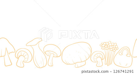 Seamless mushroom pattern border in hand-drawn doodle illustration style with copy space, pastel orange outline on a white background. Veggie Time! Series. 126741291