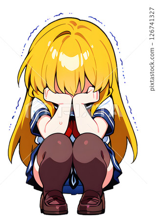 身穿水手服的金髮女高中生蹲在地上，用手摀住臉，全身發抖 126741327