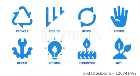 Zero waste included 5Rs lifestyle flat blue icon set Zero waste included 5Rs lifestyle flat blue icon set 126741452