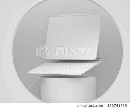 Abstract scene or podium with computer tablet with keyboard on monochrome 126741526