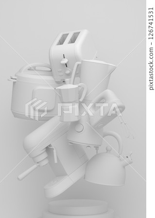 Abstract scene or podium with kitchen appliances and utensils on monochrome. 126741531