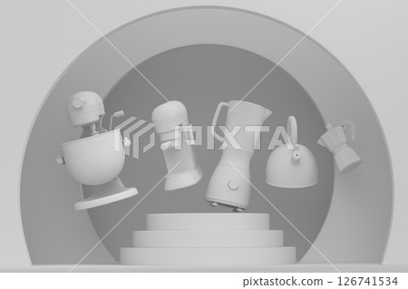 Abstract scene or podium with kitchen appliances and utensils on monochrome. 126741534