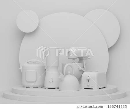 Abstract scene or podium with kitchen appliances and utensils on monochrome. Abstract scene or podium with kitchen appliances and utensils on monochrome. 126741535