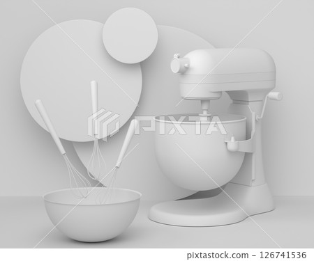 Abstract scene or podium with blender and kitchen utensil on monochrome. 126741536