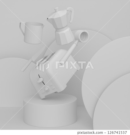 Abstract scene or podium with kitchen appliances and utensils on monochrome. 126741537