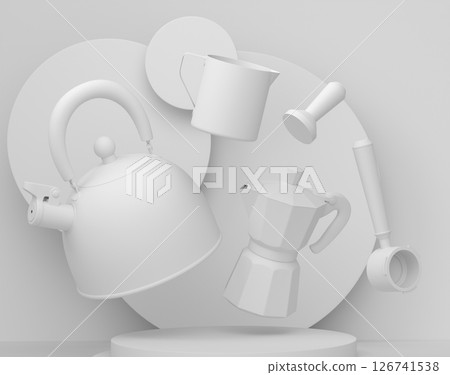 Abstract scene or podium with kitchen appliances and utensils on monochrome. 126741538