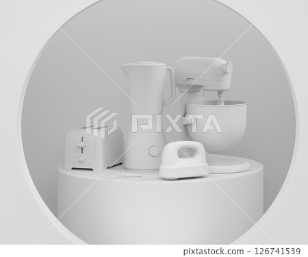 Abstract scene or podium with kitchen appliances and utensils on monochrome. Abstract scene or podium with kitchen appliances and utensils on monochrome. 126741539